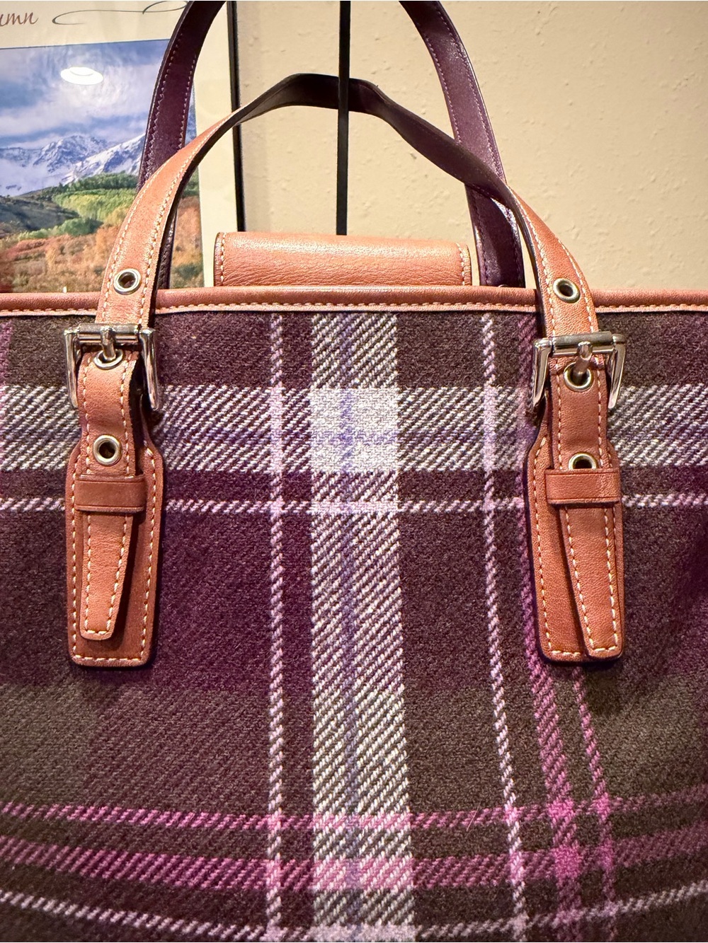 Vintage Coach Hampton Tartan Wool Tote Bag & Wristlet Set Purple Plaid EUC - Picture 6 of 16